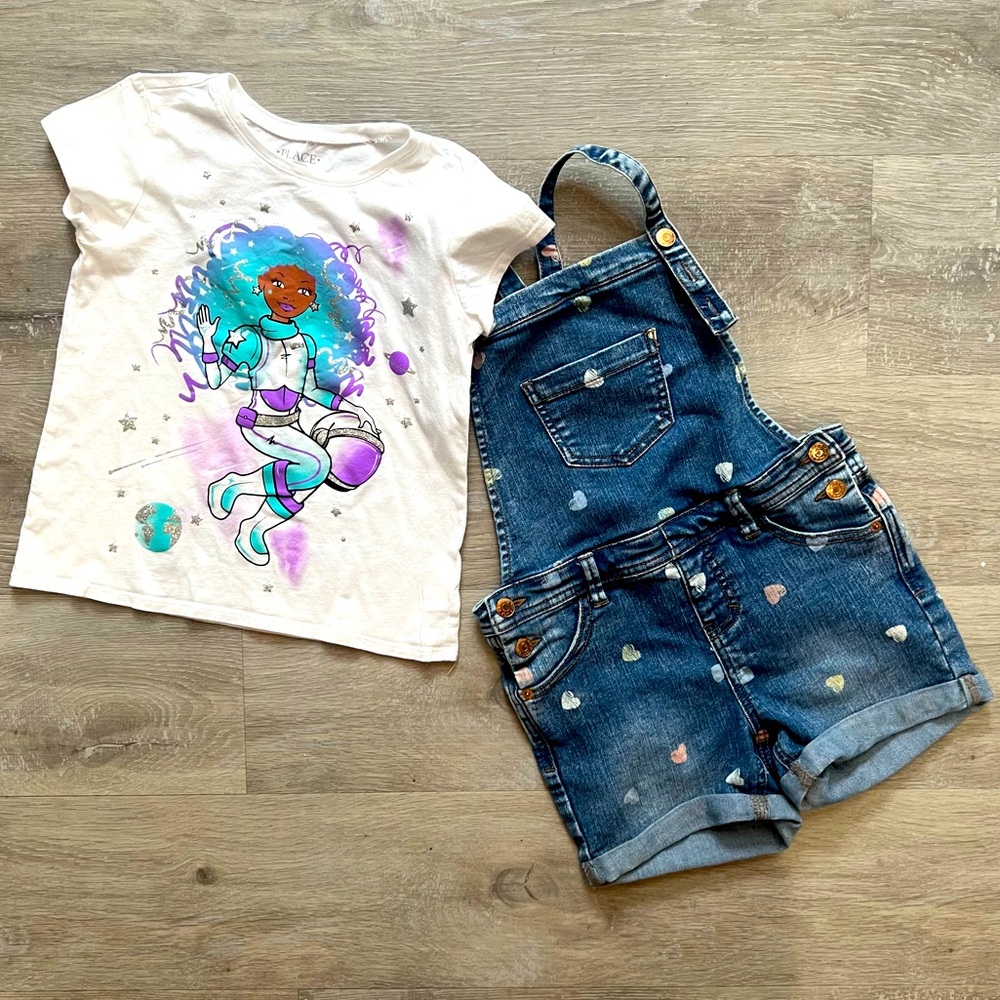 Cat & Jack Heart Print denim Overalls with White astronaut top size 7/8